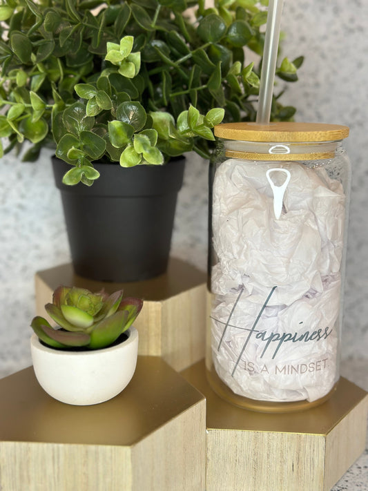 Glass Tumbler - "Happiness is a Mindset"